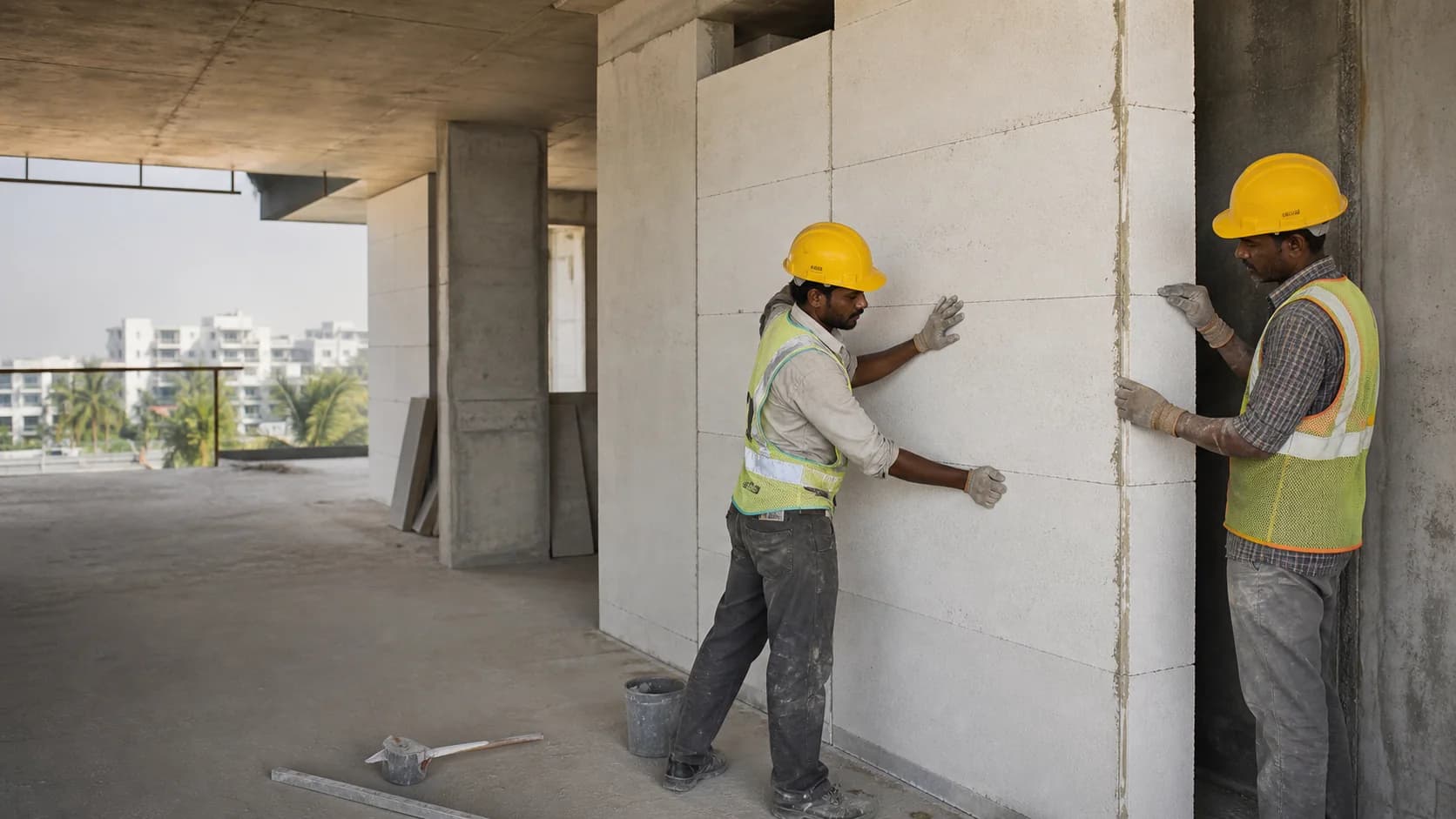 Indian workers installing pale grey AAC wall panels inside a Chennai construction site